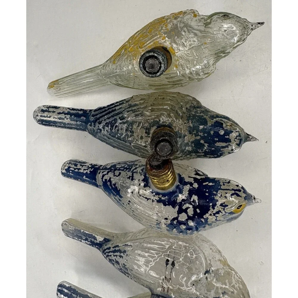 Bird Light Bulb Ornament Clear Glass Painted Blue Old• 5 Pc • Christmas Vintage